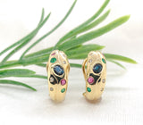 14k Yellow Gold Half Hoop Earrings w/Diamonds Sapphires Rubies Emeralds (#J7226)