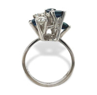 18k White Gold Genuine Natural Sapphire Diamond Modernist Handmade Ring (#J7081)
