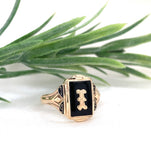 10k Yellow Gold Genuine Natural Black Onyx Signet Initial "I" Ring 8.5 (#J7411)