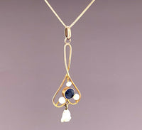 10k Yellow Gold Lavaliere Victorian Pendant with Blue Stone and Pearls (#J4961)