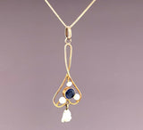 10k Yellow Gold Lavaliere Victorian Pendant with Blue Stone and Pearls (#J4961)