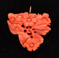 14k Gold Carved Floral Flowers Genuine Natural Orange Coral Pendant (#J7338)