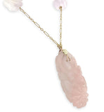14k Yellow Gold Art Deco Carved Genuine Natural Rose Quartz Necklace (#J7180)