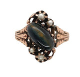 Victorian 10k Rose Gold Tiger's Eye Quartz and Pearl Ring Size 6.25 (#J7078)