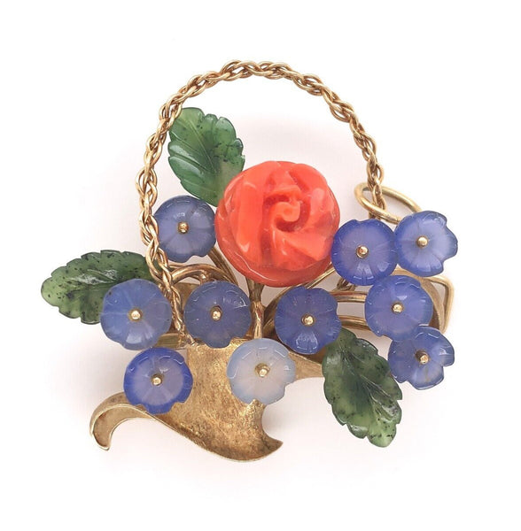 14k Gold Carved Coral and Chalcedony Flower and Jade Leaf Basket Pin (#J6237)