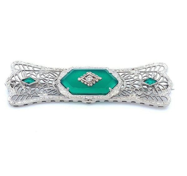 Art Deco 14k Gold Filigree Green Genuine Natural Onyx and Diamond Pin (#J5134)