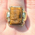 10k Gold Genuine Natural Tiger's Eye Men's Double Warrior Cameo Ring (#J6221)