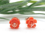 14k Rose Gold Carved Genuine Natural Coral Flower Stud Earrings (#J7351)