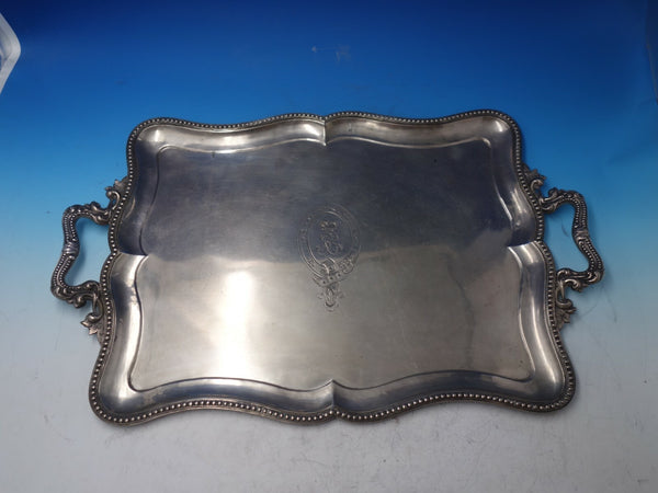Austrian .812 Silver Tea Tray Beaded Border Applied Handles Engraved (#6006)