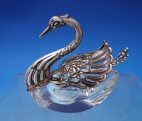 German Glass Sterling Salt Dip Swan Shape Moveable Wings Divided w/Spoon (#7215)