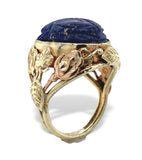 14k Yellow Gold Carved Scarab Genuine Natural Lapis Ring Handwrought  (#J7515)