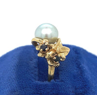 14k Yellow Gold Blue Akoya Pearl Ring with Sapphires Size 3 Jewelry (#J6097)