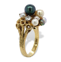 18k Yellow Gold Black White and Pink Pearl and Diamond Ring Size 6.5 (#J7080)