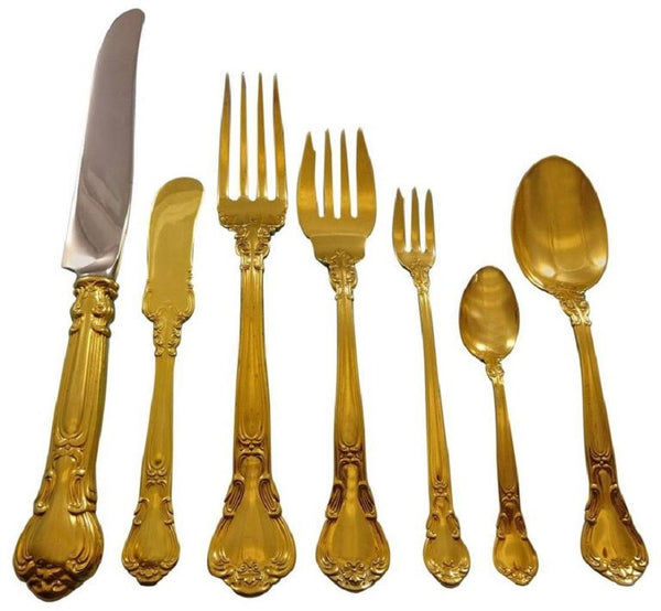 Chantilly Vermeil by Gorham Sterling Silver Flatware Set Service 46 Pcs Dn Gold