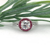 14k White Gold .80ct European Cut Genuine Natural Diamond Ring Ruby Halo #J7265