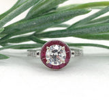 14k White Gold .80ct European Cut Genuine Natural Diamond Ring Ruby Halo #J7265