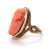 Victorian Genuine Natural Coral Cameo 14K Yellow Gold Ring Size 5.75 (#J5976)