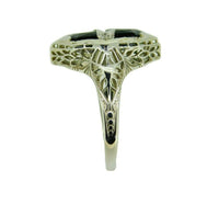 Art Deco 14k White Gold Specialty Cut Genuine Natural Onyx Filigree Ring (#J910)