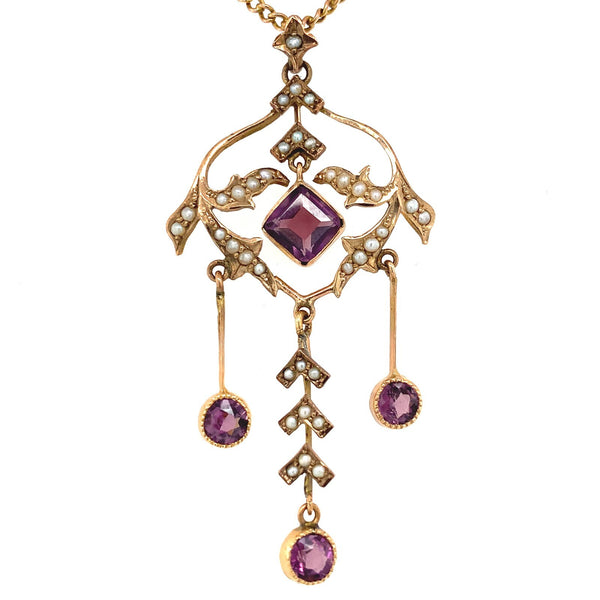 10k Yellow Gold Lavaliere with Seed Pearls and Purple Paste Stones (#J6057)