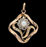 Victorian 12k Rose Gold Floral Pendant w/Pearl, Seed Pearls, Glass Stones #J7530