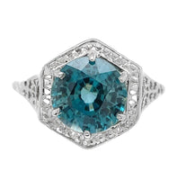 14k White Gold Filigree 3.70 Carat Teal Blue Genuine Natural Zircon Ring #J6922