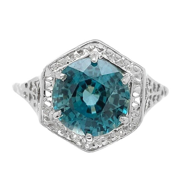 14k White Gold Filigree 3.70 Carat Teal Blue Genuine Natural Zircon Ring #J6922