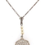 10k White Gold Filigree Art Deco Pendant with Original Paperclip Chain (#J6201)