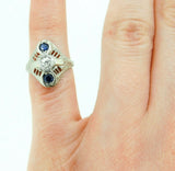 Art Deco 18k Gold Genuine Natural Diamond and Sapphire Filigree Ring (#J4449)