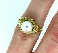 14k Yellow Gold 7mm Akoya Pearl Flower Ring (#J4976)