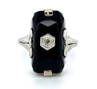18k White Gold Faceted Genuine Natural Black Onyx Ring with Diamond (#J5823)