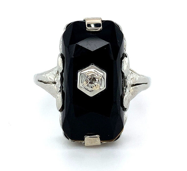 18k White Gold Faceted Genuine Natural Black Onyx Ring with Diamond (#J5823)
