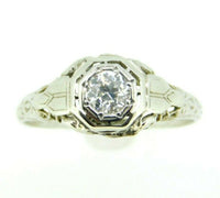 Art Deco 18k White Gold Genuine Natural Diamond Filigree Ring .29ct (#J863)