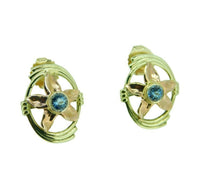 Retro 14k Gold Genuine Natural Aquamarine Earrings w/ Rose Gold Flowers (#J2522)