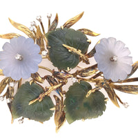 18k Yellow Gold Large Carved Chalcedony Flower and Jade Leaf Pin (#J6235)