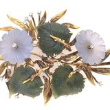18k Yellow Gold Large Carved Chalcedony Flower and Jade Leaf Pin (#J6235)