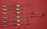 Norwegian Sterling Silver Coffee Spoon & Tongs 13-pc Set in Original Box Enamel