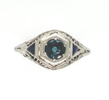 18k Art Deco Filigree Sapphire Ring w/ Synthetic Lab-Created Sapphires (#J6310)