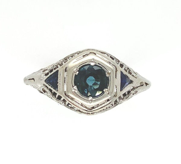 18k Art Deco Filigree Sapphire Ring w/ Synthetic Lab-Created Sapphires (#J6310)