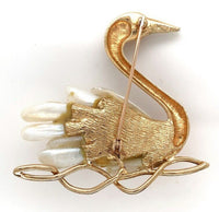 14k Yellow Gold Swan Brooch Pin with Freshwater River Pearls Jewelry (#J6236)