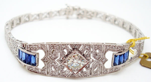 14k Gold Art Deco Style Genuine Natural Diamond and Sapphire Bracelet (#J2694)