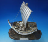 Japanese .950 Silver Sculpture Ship w/ Sail Faux Gold Barrels Wood Base (#5366)