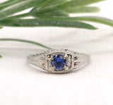 18k White Gold .28ct Blue Genuine Natural Sapphire Engraved Art Deco Ring #J7171