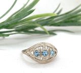 14k White Gold Filigree Deco Three Stone Genuine Natural Aquamarine Ring #J7560
