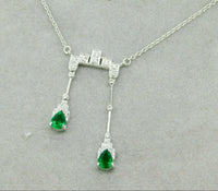 18k White Gold Double Drop Genuine Natural Emerald and Diamond Necklace (#J4715)