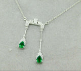 18k White Gold Double Drop Genuine Natural Emerald and Diamond Necklace (#J4715)