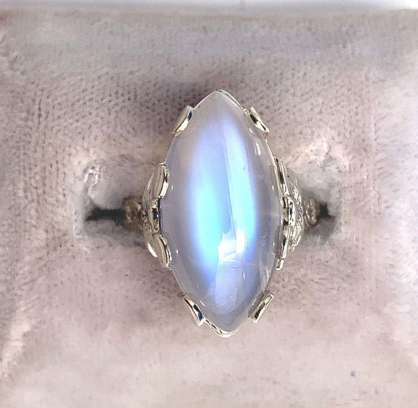 14k White Gold 9.58ct Marquise Genuine Natural Moonstone Filigree Ring (#J5712)