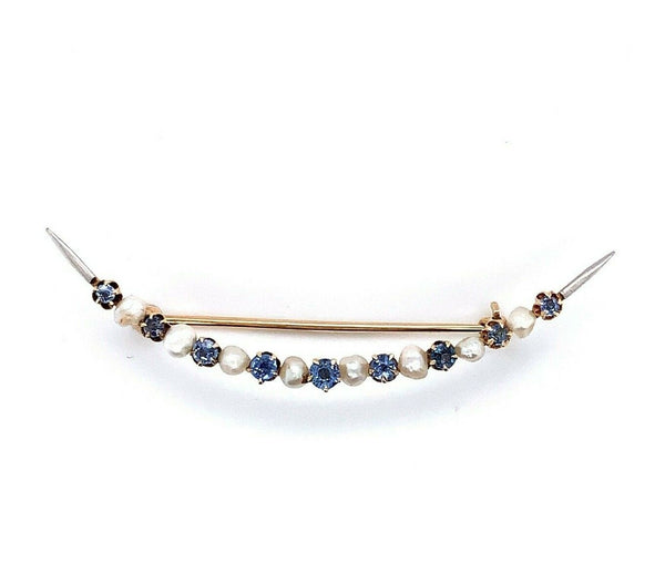 14k Yellow Gold Montana Sapphire and Pearl Large Crescent Pin (#J5470)