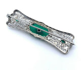 Art Deco 14k Gold Filigree Green Genuine Natural Onyx and Diamond Pin (#J5134)