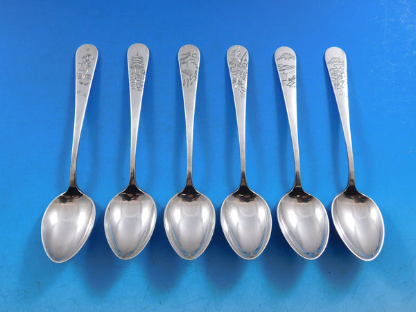 Japanese Sterling Silver .950 Demitasse Spoons with Engraved Scenes Set of 6