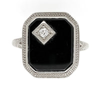 18k Gold Filigree Genuine Natural Black Onyx Ring with Corner Diamond (#J6613)